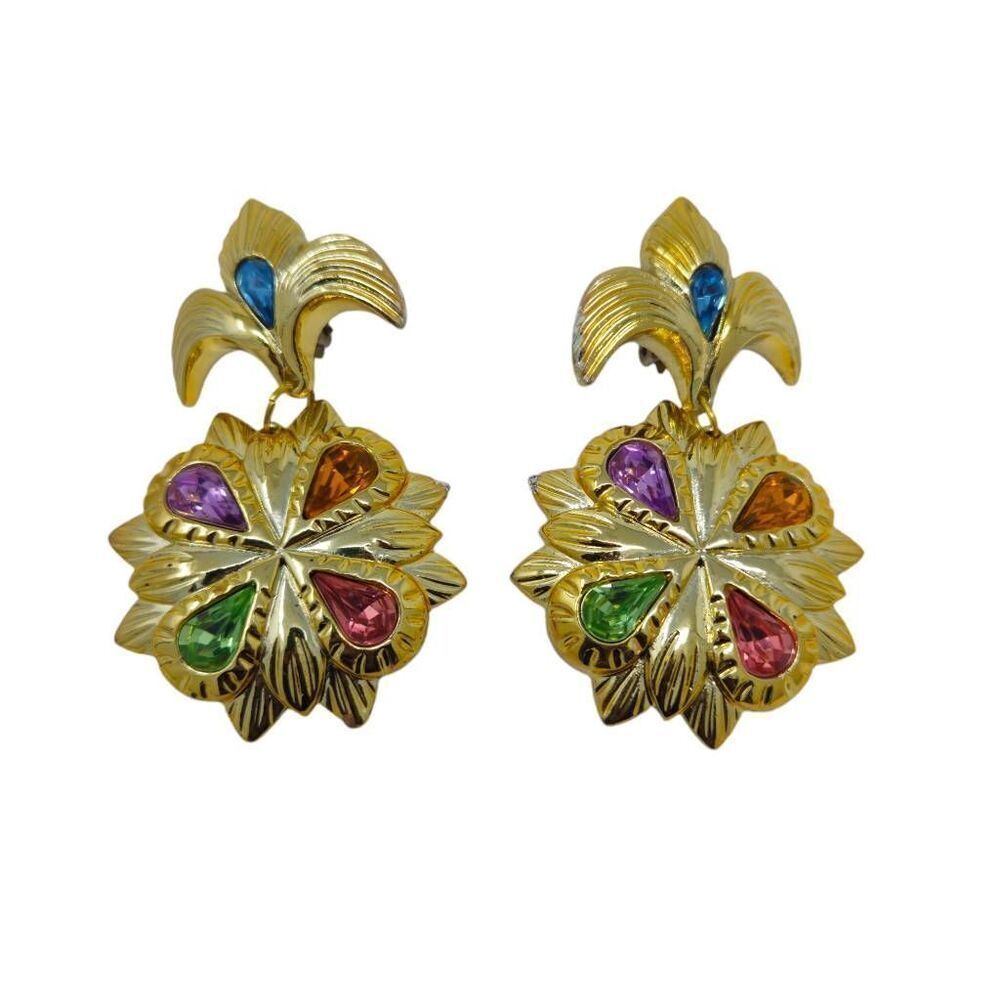 Large Dangle Gold Tone Acrylic Flower/Leaf/Fleur de Lis Clip-On Earrings | Circa